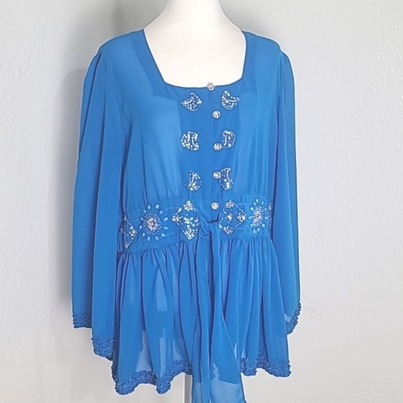 AS HRO Blue Marine Sheer Blouse Rhinestone Buttons & Accents, Small Ruffle, XL - Picture 3 of 11